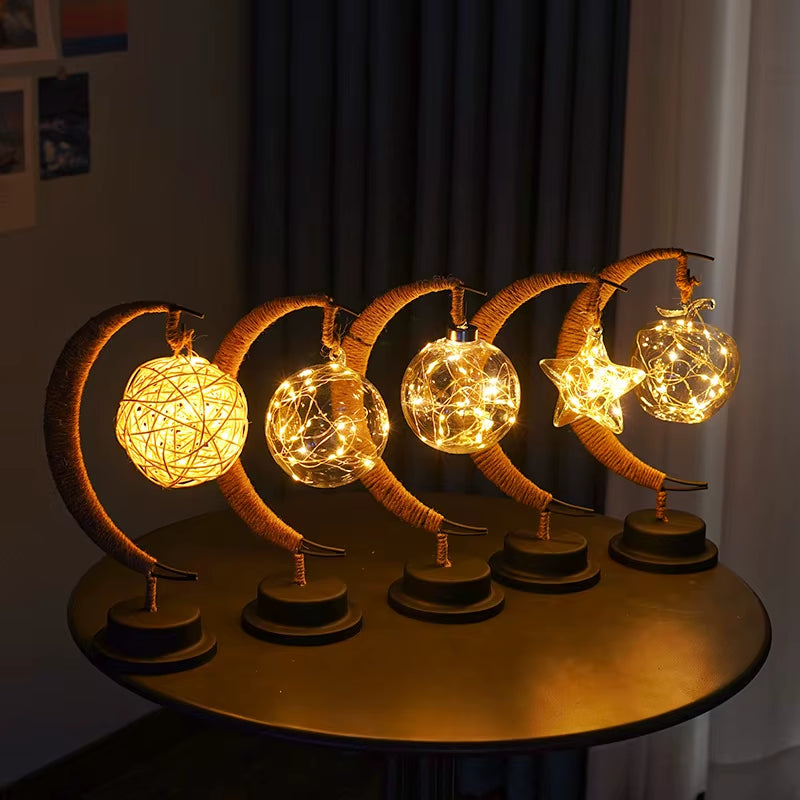 Enchanting LED Moon Lamp - Elegant Iron Art Table Lamp for Bedroom, Living Room, and Bar - Portable Battery-Powered Night Light