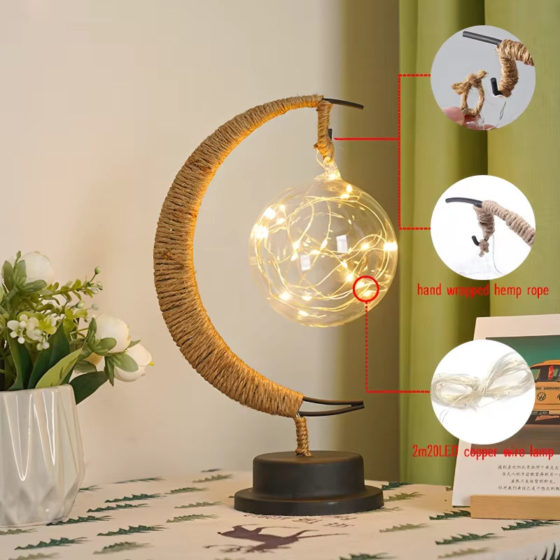 Enchanting LED Moon Lamp - Elegant Iron Art Table Lamp for Bedroom, Living Room, and Bar - Portable Battery-Powered Night Light