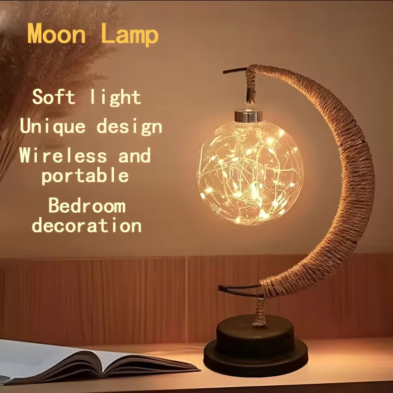 Enchanting LED Moon Lamp - Elegant Iron Art Table Lamp for Bedroom, Living Room, and Bar - Portable Battery-Powered Night Light