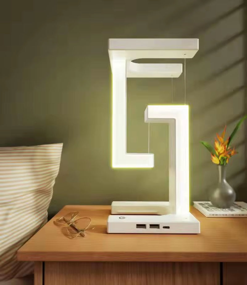 LED Suspending Anti-Gravity Night Light with 10W Wireless Charger Desk Lamp Dimmable Table Light for Bedroom Bedside Decor Light