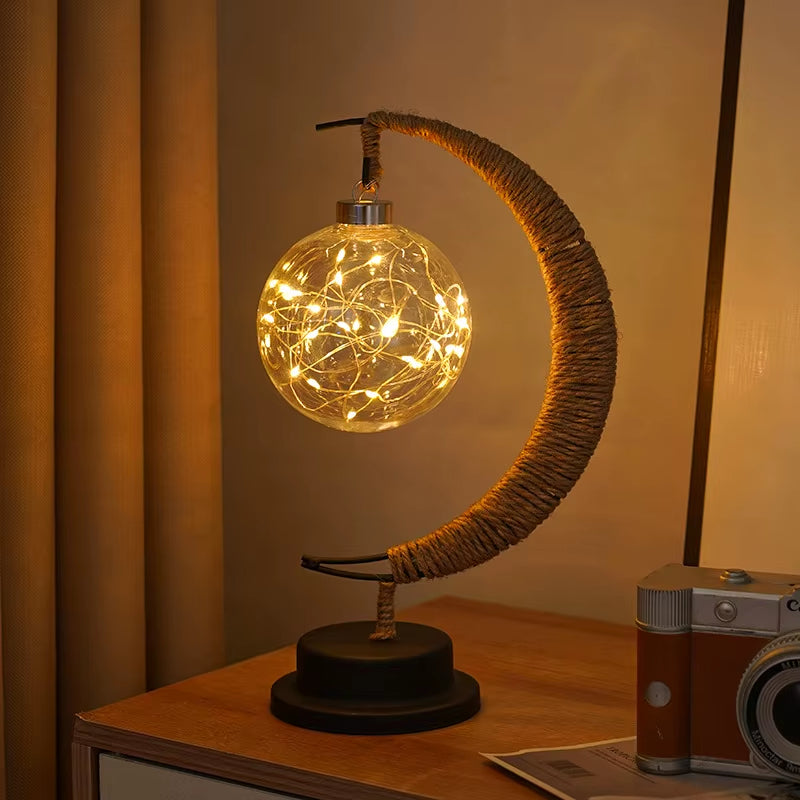Enchanting LED Moon Lamp - Elegant Iron Art Table Lamp for Bedroom, Living Room, and Bar - Portable Battery-Powered Night Light