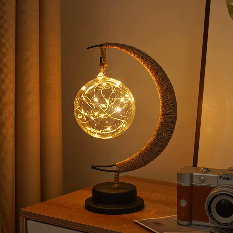 Enchanting LED Moon Lamp - Elegant Iron Art Table Lamp for Bedroom, Living Room, and Bar - Portable Battery-Powered Night Light