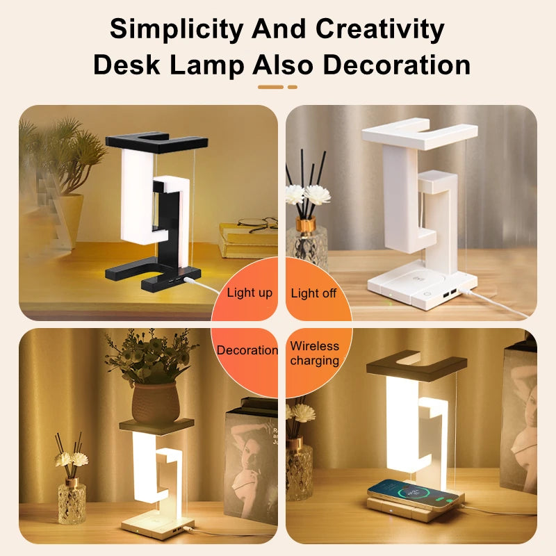 LED Suspending Anti-Gravity Night Light with 10W Wireless Charger Desk Lamp Dimmable Table Light for Bedroom Bedside Decor Light